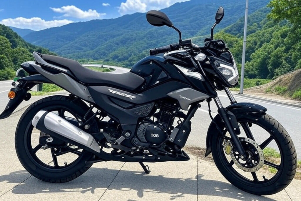 a black motorcycle parked on a road